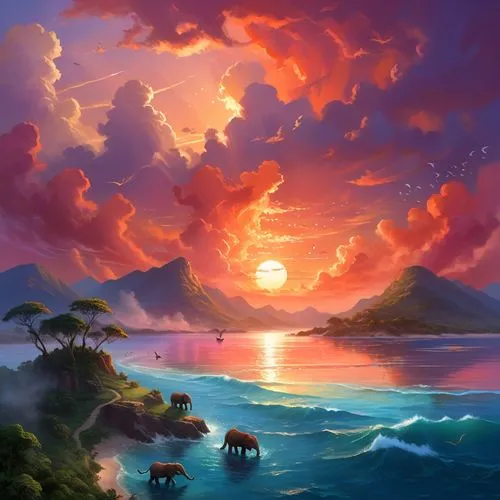 As the sun dips below the horizon, a fiery orange and red hue paints the sky in shades of pink, orange, and red. In the distance, a group of majestic animals grazes on the vast expanse of the Caribbea