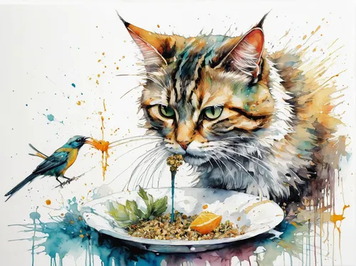 bird food,cat food,cat sparrow,bird painting,food for the birds,pet food,small animal food,whimsical animals,watercolor cat,almond meal,bird feeding,birdfeeder,litter box,feeding birds,feeding the birds,cat drinking water,domestic cat,wild birds,for the birds,bird feeder,Illustration,Paper based,Paper Based 13