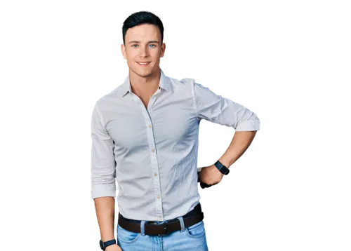 Male model, muscular physique, short black hair, strong facial features, blue eyes, subtle smile, white shirt, fitted jeans, leather belt, casual standing pose, relaxed hands in pockets, natural light