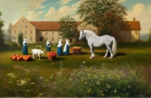 agricultural scene,man and horses,a white horse,pony farm,sedlacek,pastoral,village scene,horse and cart,farm landscape,lipizzan,rousseau,lipizzaners,horse stable,chevaux,hunting scene,ploughing,farmhouse,white horse,dewitte,racehorses