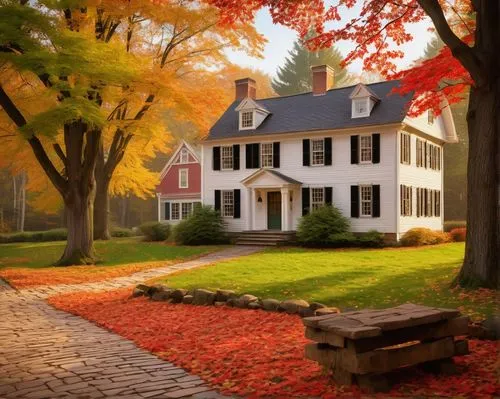 fall landscape,autumn idyll,new england style house,country cottage,fall foliage,home landscape,autumn landscape,autumn scenery,autumn decor,old colonial house,country house,autumn decoration,vermont,colors of autumn,beautiful home,autumn background,new england,oradell,autumn morning,seasonal autumn decoration,Art,Classical Oil Painting,Classical Oil Painting 07