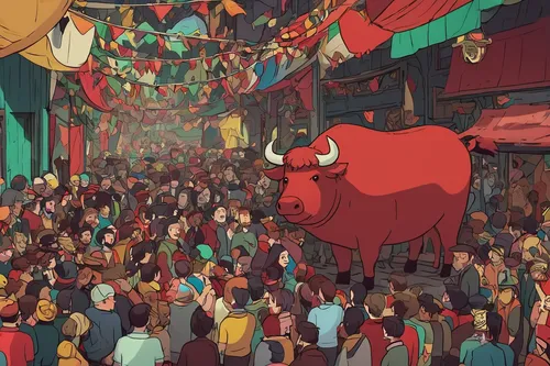 crowds,carnival horse,cartoon elephants,crowded,the market,concert crowd,ancient parade,large market,the sea of red,paprika,parade,crowd,festival,bottleneck,the herd,street party,studio ghibli,carnival,dumbo,red balloons,Illustration,Paper based,Paper Based 27