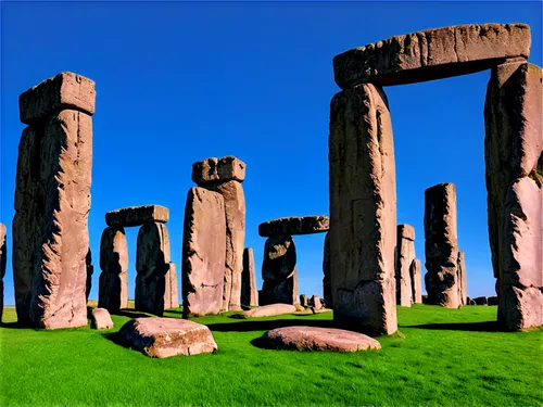 Stonehenge monument, daytime, sunny weather, blue sky with few clouds, ancient mysterious atmosphere, intricate stone carvings, tall pillars, circular structure, lush green grass, tourists in distance