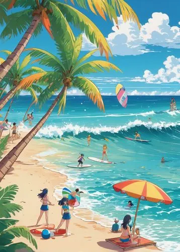 Illustrate a beach scene with waves, coconut trees, and people playing in the sand. Add elements such as volleyballs, surfboards, and ice cream, to print on shirts,umbrella beach,summer beach umbrella