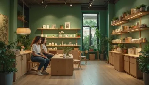 calm atmosphere, green walls, natural wood shelves, minimalist decorations, modern furniture, LED lighting, plants scattered throughout store, customers browsing, relaxed posture, casual clothing, nat