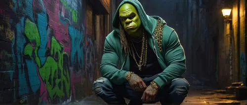 Shrek, gangsta, green skin, gold chains, tattoos, dreadlocks, ripped jeans, oversized hoodie, sneakers, confident pose, urban background, graffiti walls, night time, streetlights, misty atmosphere, ci