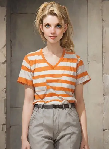 olallieberry,eleven,clementine,tee,orange,pixie-bob,retro woman,waitress,television character,angelica,bermuda shorts,trousers,peanuts,retro girl,ken,lis,striped background,gap,rockabella,a uniform,Digital Art,Comic