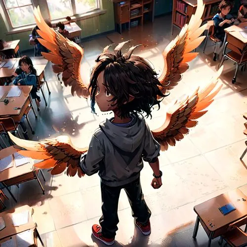 back of a pair of orange wings with brown speckles flying high above a classroom that's dim. wings close to the camera, classroom far below. overhead view. boy with wings is black with black dreads,a 