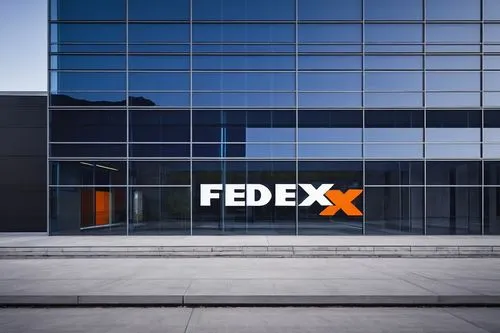 FedEx, architectural prints, modern office building, blue and orange logo, glass and steel structure, sleek lines, urban cityscape, daytime, clear sky, reflective windows, concrete pavement, minimal l