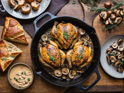 Golden cooked chicken surrounded by mushroom sauce in black cast iron pan. Golden baked french bread slices in background.,cast iron skillet,chicken marsala,mediterranean cuisine,roasted chicken,sheet