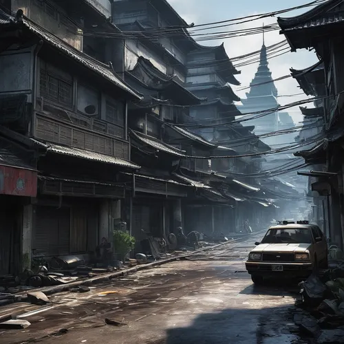 kowloon city,shanghai,xi'an,wuhan''s virus,slums,kowloon,post apocalyptic,slum,chinese architecture,post-apocalyptic landscape,chinese background,hashima,hanoi,far eastern,gunkanjima,chongqing,destroyed city,vietnam,narrow street,ghost town,Illustration,Japanese style,Japanese Style 17