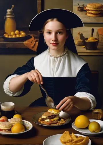 girl with bread-and-butter,woman holding pie,woman eating apple,girl in the kitchen,still life with jam and pancakes,girl with cereal bowl,meticulous painting,hollandaise sauce,viennese cuisine,yeast extract,food icons,girl in a historic way,girl picking apples,girl with a pearl earring,painting technique,cuisine classique,cookery,sufganiyah,woman with ice-cream,woman drinking coffee,Art,Classical Oil Painting,Classical Oil Painting 07