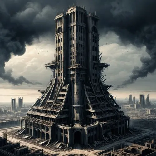 tower of babel,stalin skyscraper,the skyscraper,skyscraper,post-apocalyptic landscape,dystopian,metropolis,russian pyramid,steel tower,citadel,dystopia,ancient city,destroyed city,ruin,fantasy city,panopticon,futuristic architecture,fractal environment,skyscraper town,post-apocalypse,Conceptual Art,Fantasy,Fantasy 33