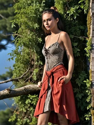 as she would look like in a photo,a young woman stands in front of a green tree,eretria,hydari,aditi rao hydari,hande,tatia,torn dress,sarikaya,red skirt,hailee,raia,girl in red dress,gasparyan,alia,k