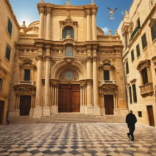 Baroque architecture, Malta style, grand cathedral, intricate stone carvings, ornate decorations, golden domes, tall bell towers, imposing entrance, heavy wooden doors, stained glass windows, marble f