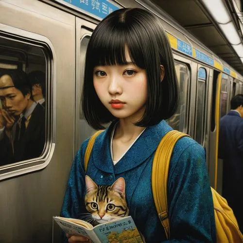 urakami,the girl at the station,japanese woman,korea subway,japanese doll,girl studying,Illustration,Realistic Fantasy,Realistic Fantasy 08