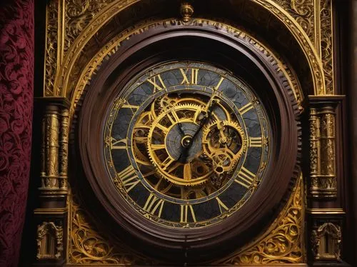 Grandfather clock, intricate mechanical gears, Roman numerals, ornate golden frame, luxurious velvet background, dimly lit, Baroque-style architecture, Gothic arches, stained glass windows, mysterious