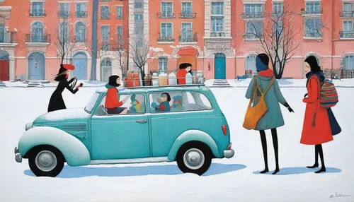 snow scene,carol singers,morris minor,winter service,morris minor 1000,woman shopping,cinquecento,carolers,woman in the car,passepartout,snow figures,winter animals,winter trip,carol colman,fiat 600,modern christmas card,trabant,fiat 500,fiat500,wintry,Art,Artistic Painting,Artistic Painting 29