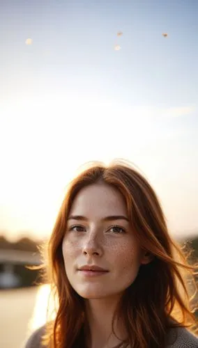 a young red headed woman looking up to her left with the sun behind her,marzia,portrait background,blurred background,poki,analemma,boschi