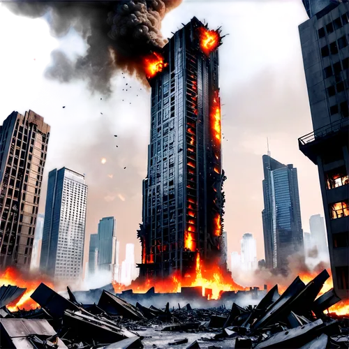 Apocalyptic scene, destroyed cityscape, smoky atmosphere, ruins of skyscrapers, broken glass, twisted metal, fire flames, debris scattered, dramatic lighting, low-angle shot, cinematic composition, gr