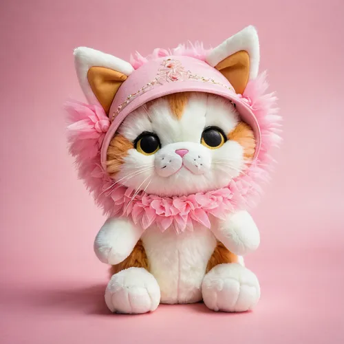 Plush toy, chibi, a pink kitten with an adorable headdress stands in front of the plush toy, facing forward,,pink cat,doll cat,cute cat,cat kawaii,blossom kitten,stuffed animal,soft toy,kitten hat,cud