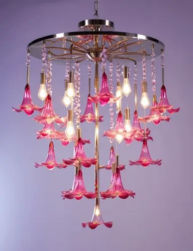 pink color flower glass chandelier finish in polished nickel,chandelier,chandeliered,chandeliers,ceiling lamp,hanging lamp,candelabra,islamic lamps,candelabras,baccarat,oriental lantern,ceiling light,