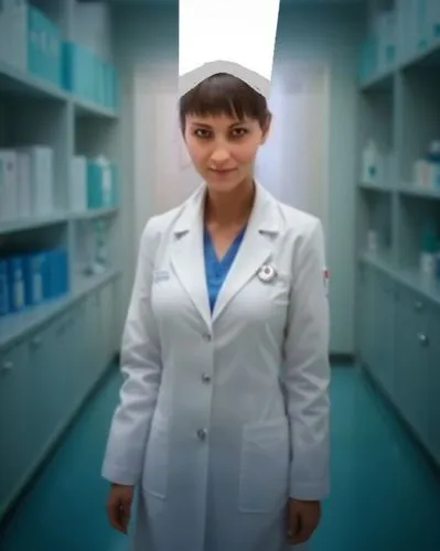 Медсестра в медицинском белом халате В Полный Рост.,a female doctor in a white coat in the hallway,pharmacopeia,female doctor,pharmacist,pharmacologist,pharmacy,psychopharmacologist