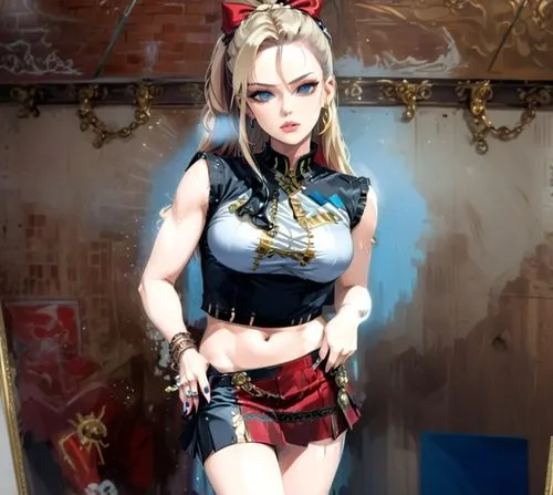 jenna jameson in  crop top and skirt, ,this is an anime illustration of a girl wearing a  uniform,harley quinn,edea,mdna,madonna,rosharon,diaochan,Anime,Anime,General