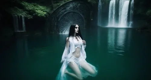 beautiful lady swimming, long hair , white vest in the water, wide view with waterfalls and green forest abanding,a woman in white dress and black sunglasses standing in water near waterfall,fathom,si