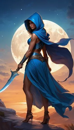 kitana,warrior woman,swordswoman,female warrior,blue enchantress,moonshell,Illustration,Realistic Fantasy,Realistic Fantasy 01