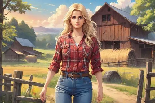 A blonde woman with long, flowing hair wearing a classic cowgirl outfit, including a plaid shirt, denim jeans, and leather boots, standing in front of a rustic wooden barn on a vibrant farm in the 199