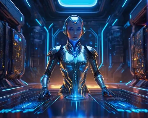 Futuristic AI generator, metallic body, glowing blue circuits, sleek lines, LED lights, holographic display, virtual interface, futuristic laboratory, high-tech equipment, neon lights, dark background