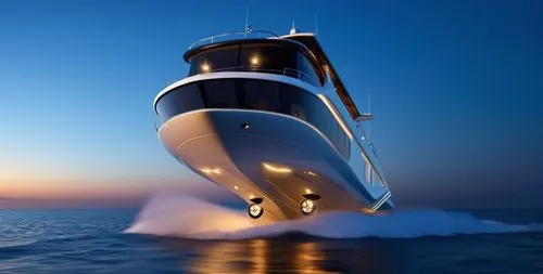 modern yacht with high technology sailing at the middle of the night making small waves viewed from Right-back corner from under water with warm fantastic body and ambient lights in high quality rende