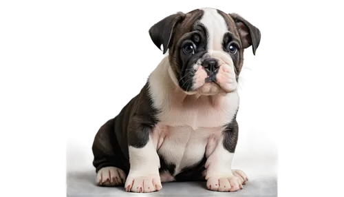 Cute black and white bulldog puppy, sitting, round face, wrinkled skin, short snout, big eyes, floppy ears, tiny nose, soft fur, fluffy texture, playful expression, front paws together, 3/4 compositio