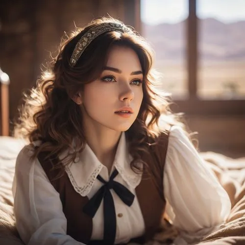 A harmless image of a 30-year-old woman with long brown hair is laying on a bed, dressed in a vintage schoolgirl uniform and saying Oohhh,fanyang,yuna,mongolian girl,vintage woman,eponine,miyoung,long