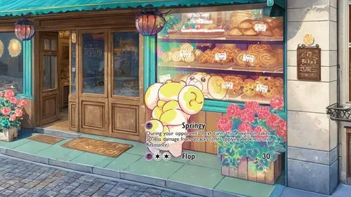 Paint facade of bakery and street tiles,flower shop,watercolor tea shop,flower booth,gold shop,store front,flower stand,bakeshop,ice cream shop,soap shop,pastry shop,cat's cafe,watercolor cafe,sanrio,