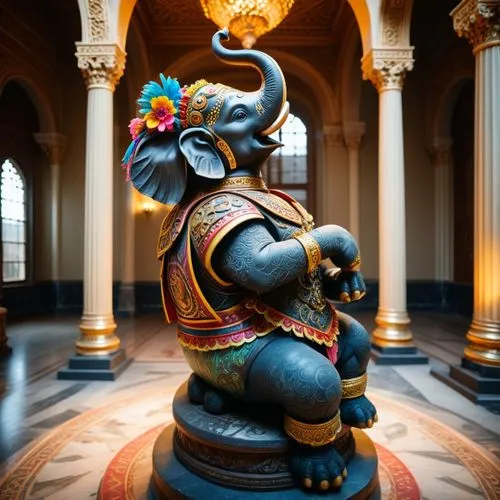 recriar este elefante em estilo indiano todo pintado com colete de tecido ornamentado com bordados, ele esta sentado de forma humana em cima de um tipo de pedestal, ele tem penas na cabeça e esta com 