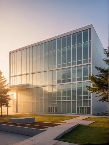 In the midle have school building
The school is surrounded by dense forest,the sun is shining through a glass building,phototherapeutics,glass facade,globalfoundries,home of apple,epfl,new building,Ph