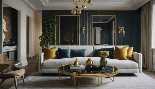 dark blue and gold,sitting room,modern decor,interior design,luxury home interior,decor,gold stucco frame,living room,gold wall,apartment lounge,interior decor,interiors,livingroom,interior decoration,contemporary decor,gold foil corner,chaise lounge,blue room,luxurious,decorates,Illustration,Vector,Vector 04