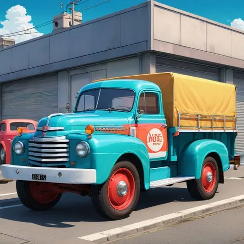 ford truck,austin truck,retro vehicle,engine truck,rust truck,cartoon car,Illustration,Japanese style,Japanese Style 03