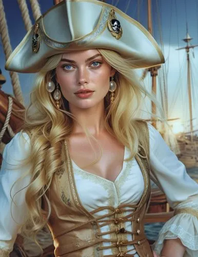 a woman wearing a pirate hat, charlie bowater character art, treasure island, it is the captain of a crew, black and white coloring, drawn in the style of mark arian, portrait of margot robbie, unused