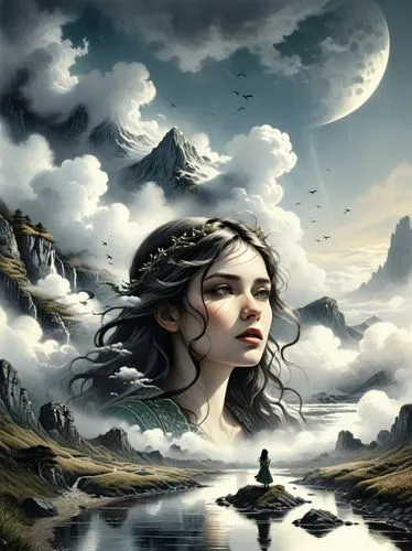 the girl with long hair looks out over the river at mountains and clouds,fantasy picture,fantasy art,inanna,mervat,tuatha,kahlan,Illustration,Realistic Fantasy,Realistic Fantasy 25