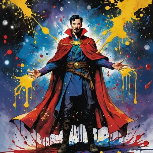 Dr. Strange comic book style, in outer space expanse with galaxies and stars, hovering in the air with yellow magical energy around his hands, red collar and red cape






















,Dr. Strang