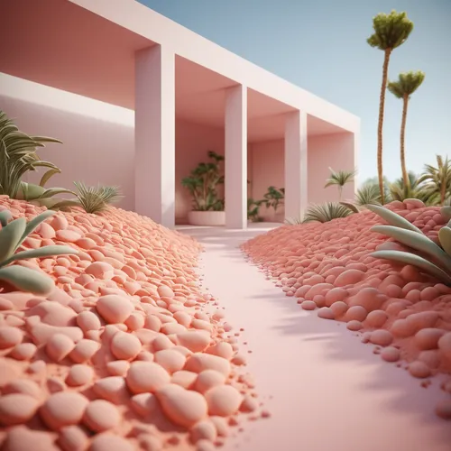 virtual landscape,desert coral,coral,3d render,mushroom landscape,pink grass,tropical house,flowerful desert,palm forest,render,pink beach,3d rendered,3d rendering,coral bush,terraces,roof landscape,desert plants,fractal environment,oasis,cacti,Unique,3D,Toy