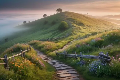 meadow landscape,fantasy landscape,the mystical path,winding steps,beautiful landscape,hobbiton,nature landscape,landscape background,hiking path,mountain landscape,mountain meadow,green landscape,foggy landscape,home landscape,pathway,landscapes beautiful,landscape nature,the path,appalachian trail,wooden path,Illustration,Realistic Fantasy,Realistic Fantasy 36