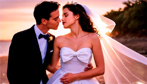 Couple, embracing, kissing, romantic, beautiful woman, curly brown hair, soft makeup, red lips, white strapless dress, flowing veil, handsome man, short black hair, blue eyes, black tuxedo, bow tie, h