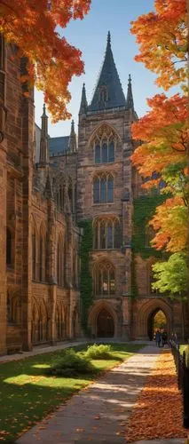 Yale University, Gothic Revival architecture, ivy-covered stone walls, ornate facades, pointed arches, ribbed vaults, grand entrance hall, high ceilings, stained glass windows, intricately carved wood