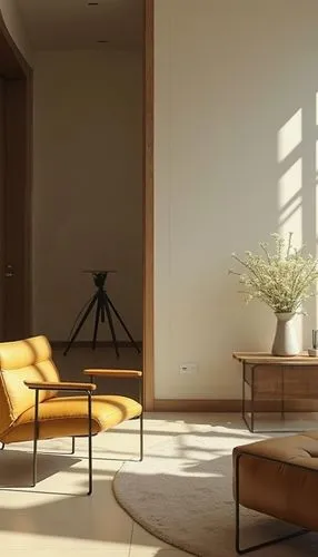 a yellow chair next to a window with the light coming through,mahdavi,minotti,anastassiades,modern minimalist lounge,vitra,ekornes