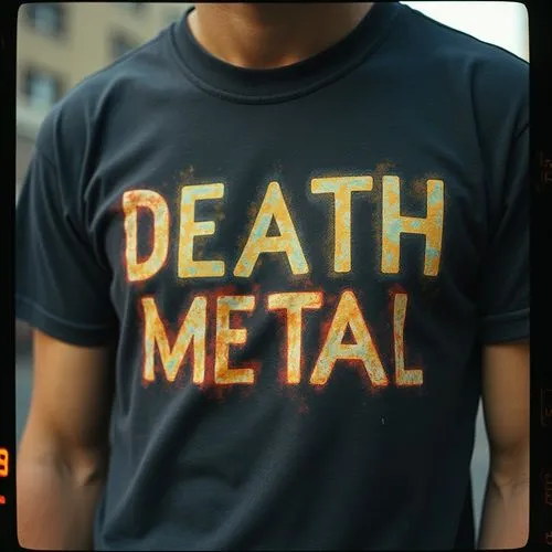 A t-shirt with the words "death metal" in a colorful, bubbly font, contrasting with the usual dark association of the genre.,a close up of a man with a t shirt,metalhead,metall,metal,death angel,metal