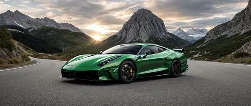 sport car from 2023, metalic green color, on a road sorrounded by mountains,ruf ctr3,speciale,american sportscar,lotus 2-eleven,scuderia,green dragon,lotus exige,luxury sports car,pagani,f125,green sn